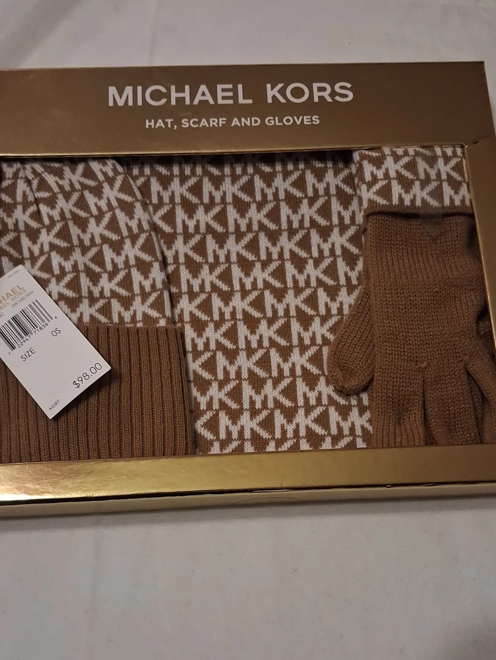 Michael Kors Tan and White MK Logo Knit Hat, Scarf & Gloves Set